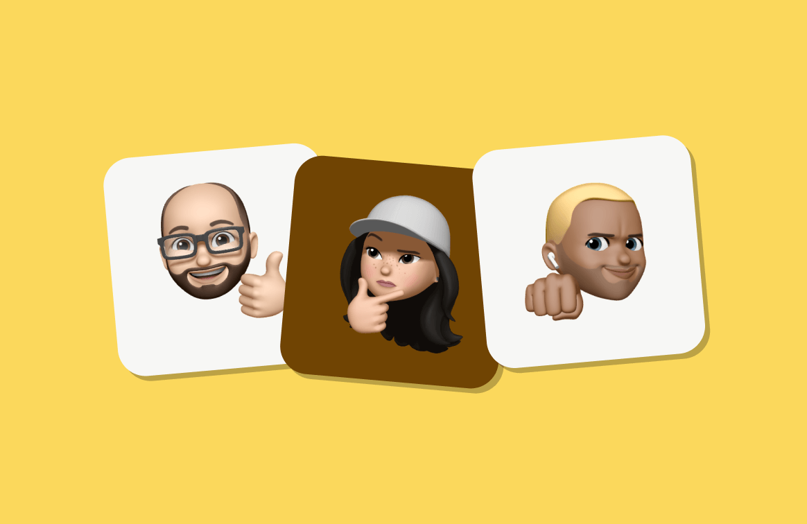 Three memoji heads, one giving a thumbs up, one giving a fist bump, and the other pondering her thoughts