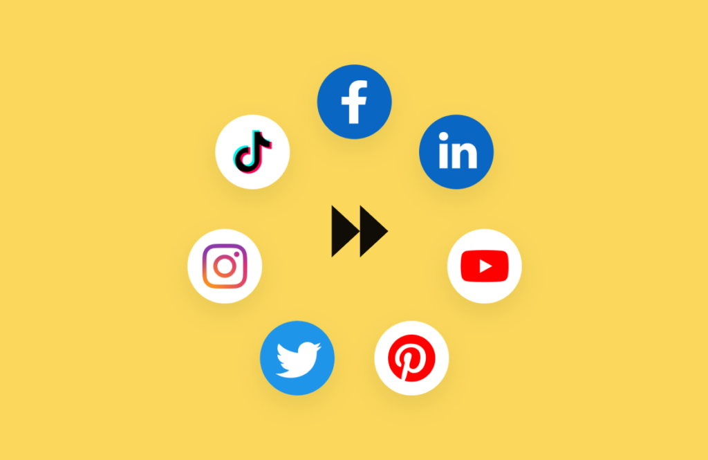 Yellow rectangle with a fast-forward symbol in the middle and social media icons surrounding in a circle.