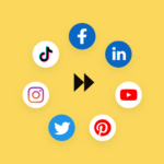 Yellow rectangle with a fast-forward symbol in the middle and social media icons surrounding in a circle.